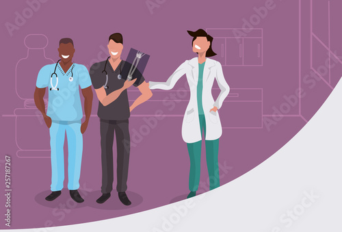 mix race doctors team examining x-ray hospital workers looking patients radiography clinic interior cartoon characters full length medicine healthcare concept horizontal
