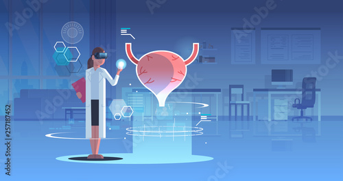 female doctor wearing digital glasses looking virtual reality urinary bladder human organ anatomy medical vr headset vision concept operation room interior full length horizontal