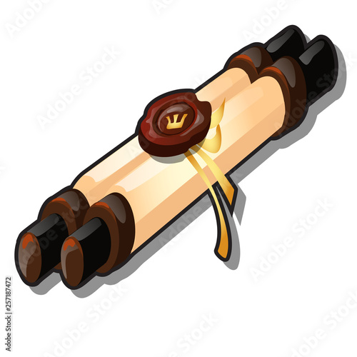 A scroll with a message with wax seal isolated on white background. Vector cartoon close-up illustration.