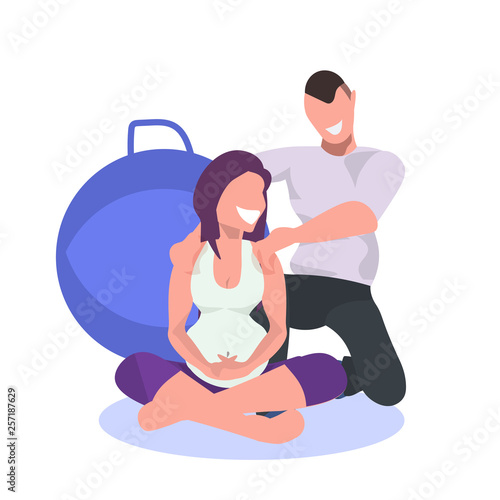 young pregnant woman exercises fitball working out with male personal trainer fitness pregnancy healthy lifestyle concept cartoon characters white background