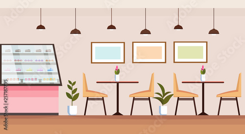 modern coffee shop empty no people cafeteria interior bakery store with showcase tables and chairs flat horizontal