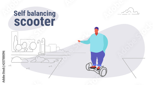 fat obese man riding electric self balancing scooter overweight guy using eco transport unhealthy lifestyle concept city urban park landscape sketch doodle horizontal