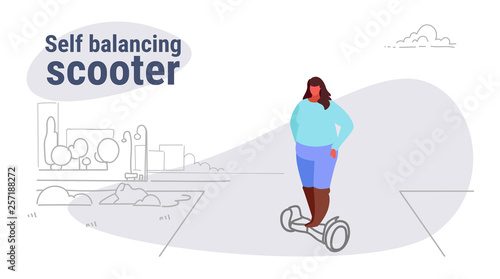 fat obese woman riding electric self balancing scooter overweight girl using eco transport unhealthy lifestyle concept city urban park landscape sketch doodle horizontal