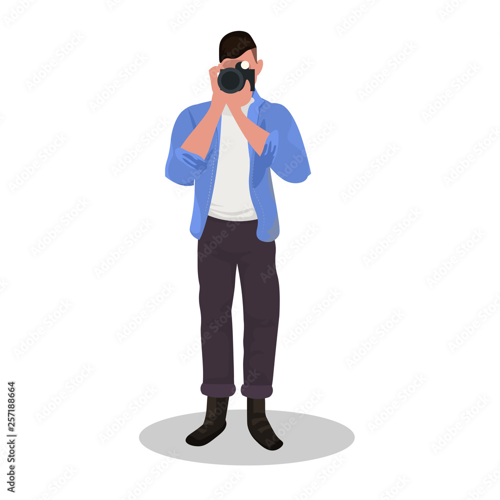 man photographer taking photo with camera male character standing and shooting professional occupation concept cartoon character full length flat white background man photographer taking photo with camera male character standing and shooting professional occupation concept cartoon character full length flat white background
