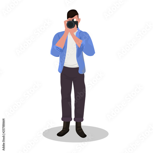man photographer taking photo with camera male character standing and shooting professional occupation concept cartoon character full length flat white background