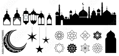 Islamic ornaments, symbols and icons. Vector illustration with moon, lanterns, patterns and city silhouette photo