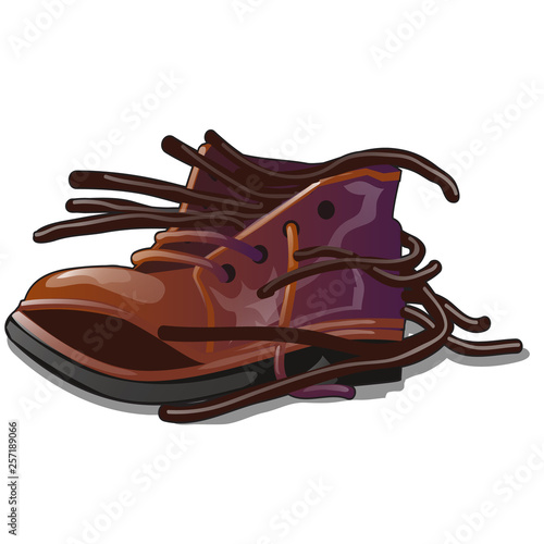 Old brown shoe with loose laces isolated on white background. The object is a repair shop for shoes. Vector cartoon close-up illustration.