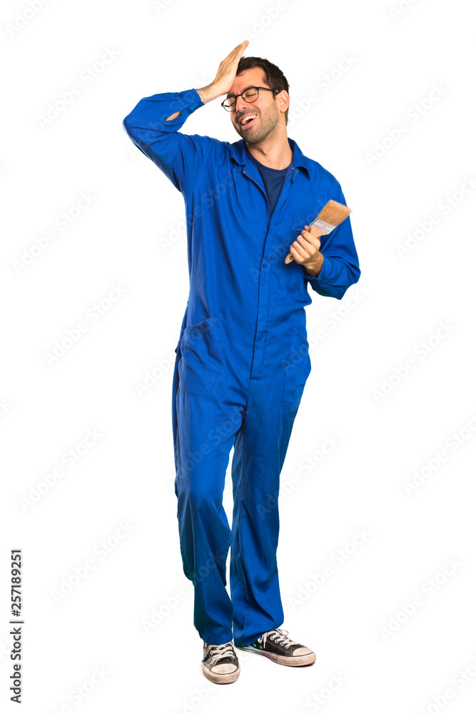 A full-length shot of a Painter man has just realized something and has intending the solution on isolated white background A full-length shot of a Painter man has just realized something and has intending the solution on isolated white background