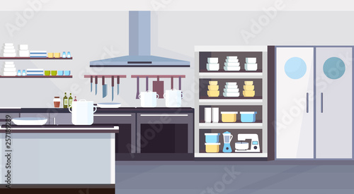 modern commercial restaurant kitchen interior design cooking and culinary concept empty no people horizontal flat