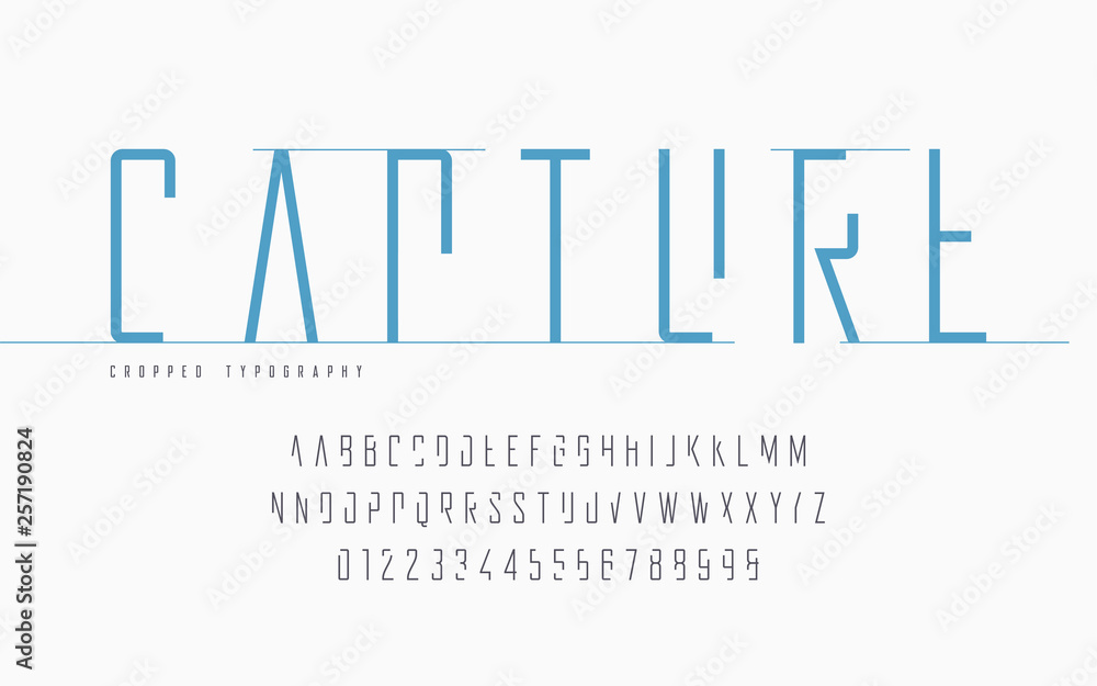 Cropped typography, set of uppercase letters and numbers, alphabet.