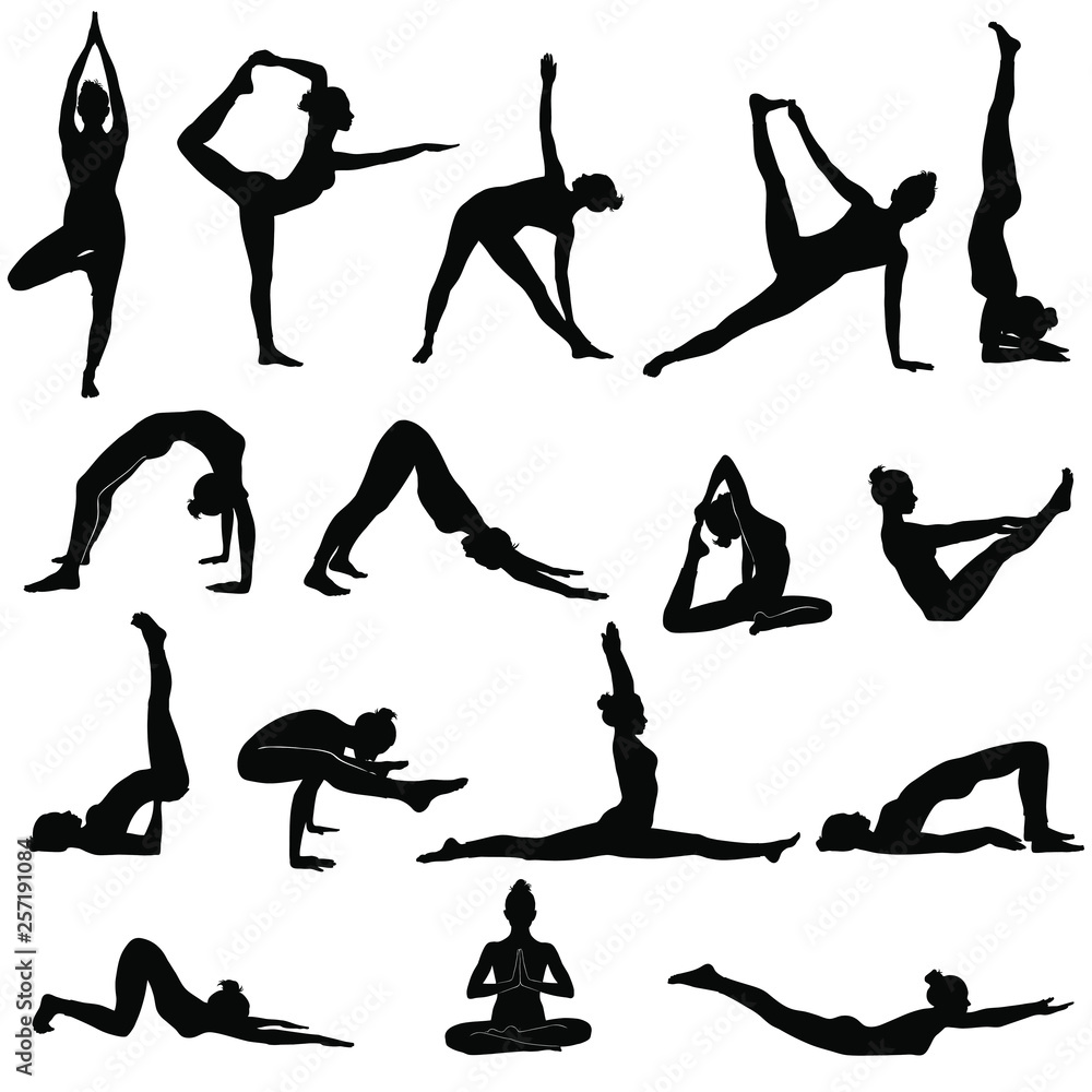 Silhouettes Of Woman Doing Yoga Exercises Icons Of Flexible Girl Stretching Her Body In
