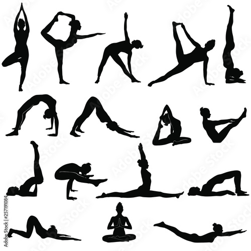 Silhouettes of woman doing yoga exercises. Icons of flexible girl stretching her body in different yoga poses. Black shapes of woman isolated on white background.