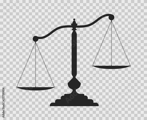 Scales of justice. Dark empty scale on transparent background. Classic balance icon. Law balance symbol.