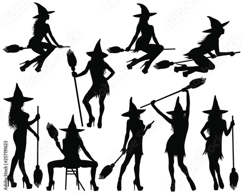 Silhouettes of Halloween witches in standing, sitting poses and flying on broomstick. Collection of beautiful young sexy witches in hat and shoes with high heel vector icons for Halloween design.