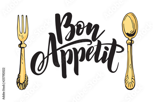 Kitchen cooking lettering inscriptions, color logo, cuisine label. Bon Appetit.
