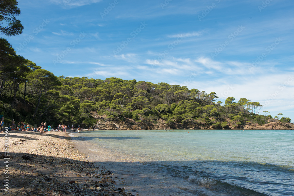 Paradisiacal beach of Notre Dame, island of Porquerolles,  in the south of France.