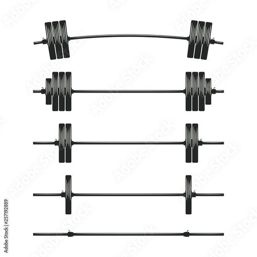 Set of barbells. Bodybuilding, gym, crossfit, workout, fitness club symbol. Weightlifting equipment. Template design for gym, fitness and athletic centre.