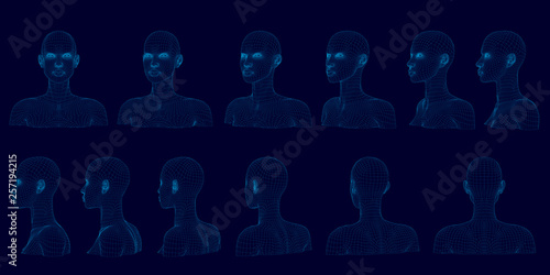 Set with bust of girl in different positions. Wireframe of head of polygonal girl of blue lines on a dark background. Sequence of rotation of bust of girl. 3D. Vector illustration