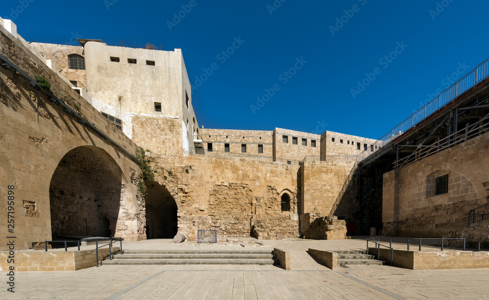 The central courtyard in  the Hospitallerian citadel, fortress of the Crusaders in Akko, Northern District, Israel, Middle East