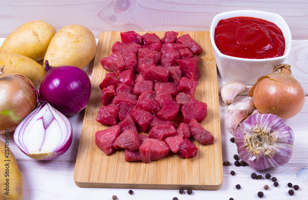 Ingredients for the preparation of traditional Hungarian goulash.