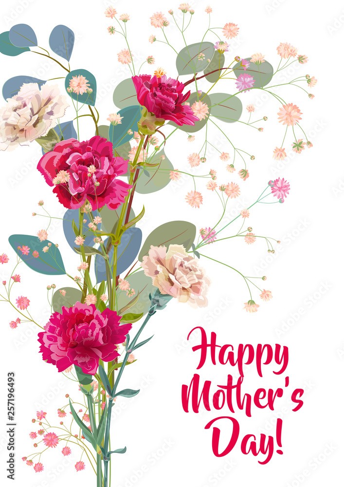 Vertical Mother's Day card with carnation: red, pink, flowers, twigs gypsophile, leaves eucalyptus, white background. Templates for design, vintage botanical illustration in watercolor style, vector