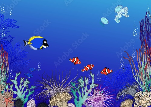 Fototapeta Naklejka Na Ścianę i Meble -  Colorful reef with underwater creatures, clown fish, jellyfish, corals and seaweed. Underwater background. Vector illustration.