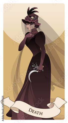 Major Arcana Tarot Cards. Death. Woman dressed in veils and ancient widow clothes carrying a sickle and a sprig of flowers in one hand. Hat decorated with feathers, roses and skull.