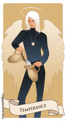 Major Arcana Tarot Cards. Temperance. Angel with appearance and clothes of young man, great wings, hair fair, pouring water from one jug to another