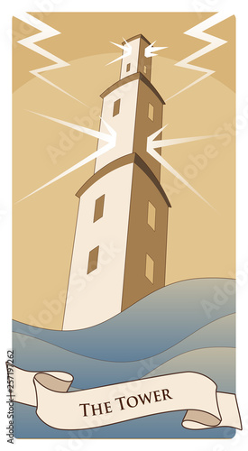 Major Arcana Tarot Cards. The Tower. Large tower over raging sea, under the storm and hurt by lightning.