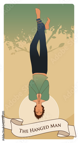 Major Arcana Tarot Cards. The Hanged Man. Man hanging from a tree, face down, subject of the right foot, with praying hands