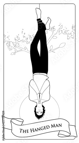 Major Arcana Tarot Cards. The Hanged Man. Man hanging from a tree, face down, subject of the right foot, with praying hands