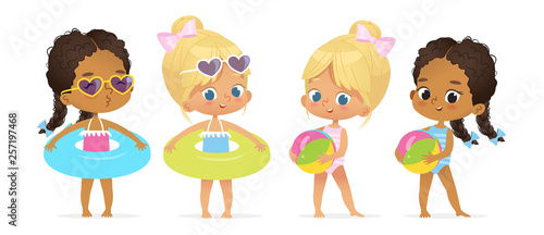Happy Pool Party Multiracial Girl Character Set