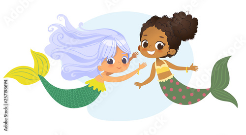 Mermaid African Caucasian Character Friend Nymph. Young Underwater African American Female Cute Mythology Princess Painting. Aquatic Isolated Marine Siren Drawing Flat Cartoon Vector Illustration