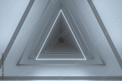 3d rendering, triangle tunnel with glowing lines background