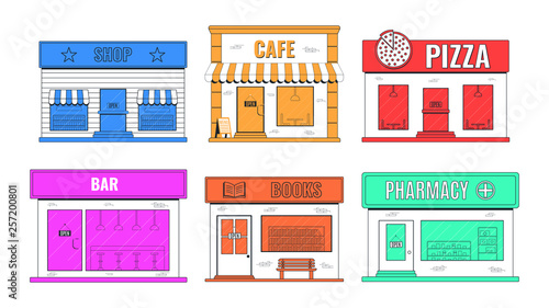 Fototapeta Naklejka Na Ścianę i Meble -  Facades of Shops and Restaurants. Fast Food Restaurants and Shop Buildings. Vector Illustration