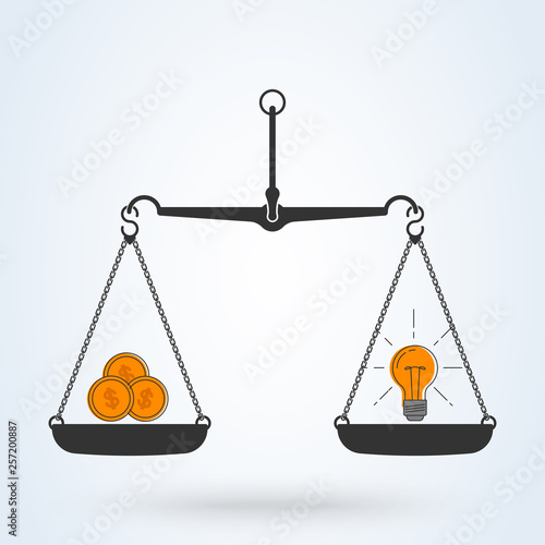 Vector Light bulb idea and money on scales color icon. Vector flat line art design business concept