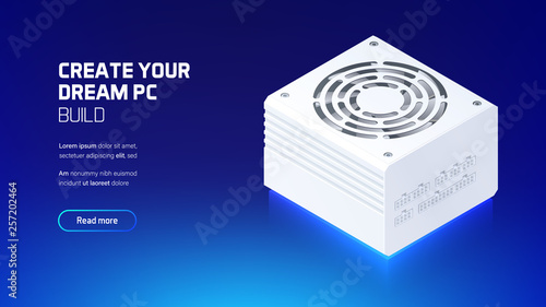 Power supply realistic 3d isometric illustration, personal computer hardware components, custom gaming and workstation accessories, pc store and service