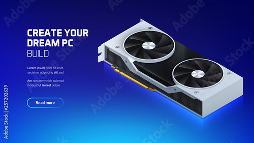 Graphic card 3d realistic isometric illustration, personal computer hardware components, custom gaming and workstation accessories, pc store and service