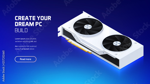 Graphic card 3d realistic isometric illustration, personal computer hardware components, custom gaming and workstation accessories, pc store and service