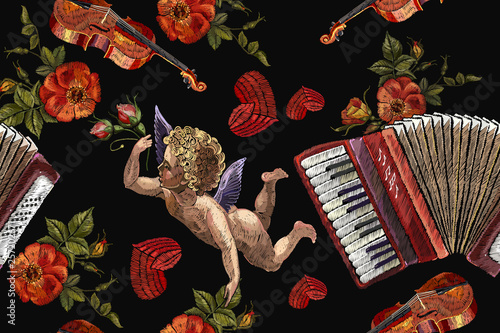 Embroidery angels, accordion and roses flowers seamless pattern. Violin and red heart. Music art. Template for clothes, t-shirt design