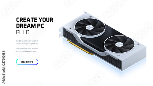 Graphic card 3d realistic isometric illustration, personal computer hardware components, custom gaming and workstation accessories, pc store and service