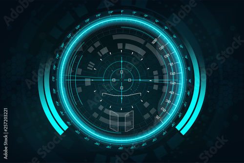 A modern aiming system. Sci-fi futuristic spaceship crosshair. Outline HUD user interface. Fullcolor interface. Techno target screen elements. Abstract Technology background. Vector gadget