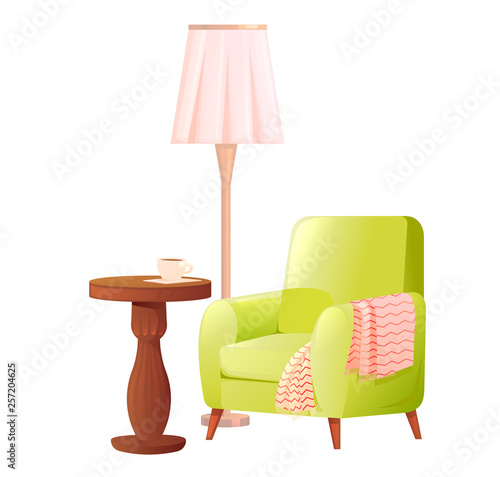 Comfortable chair next to the floor lamp and coffee table with a cup of tea. Vector cartoon illustration