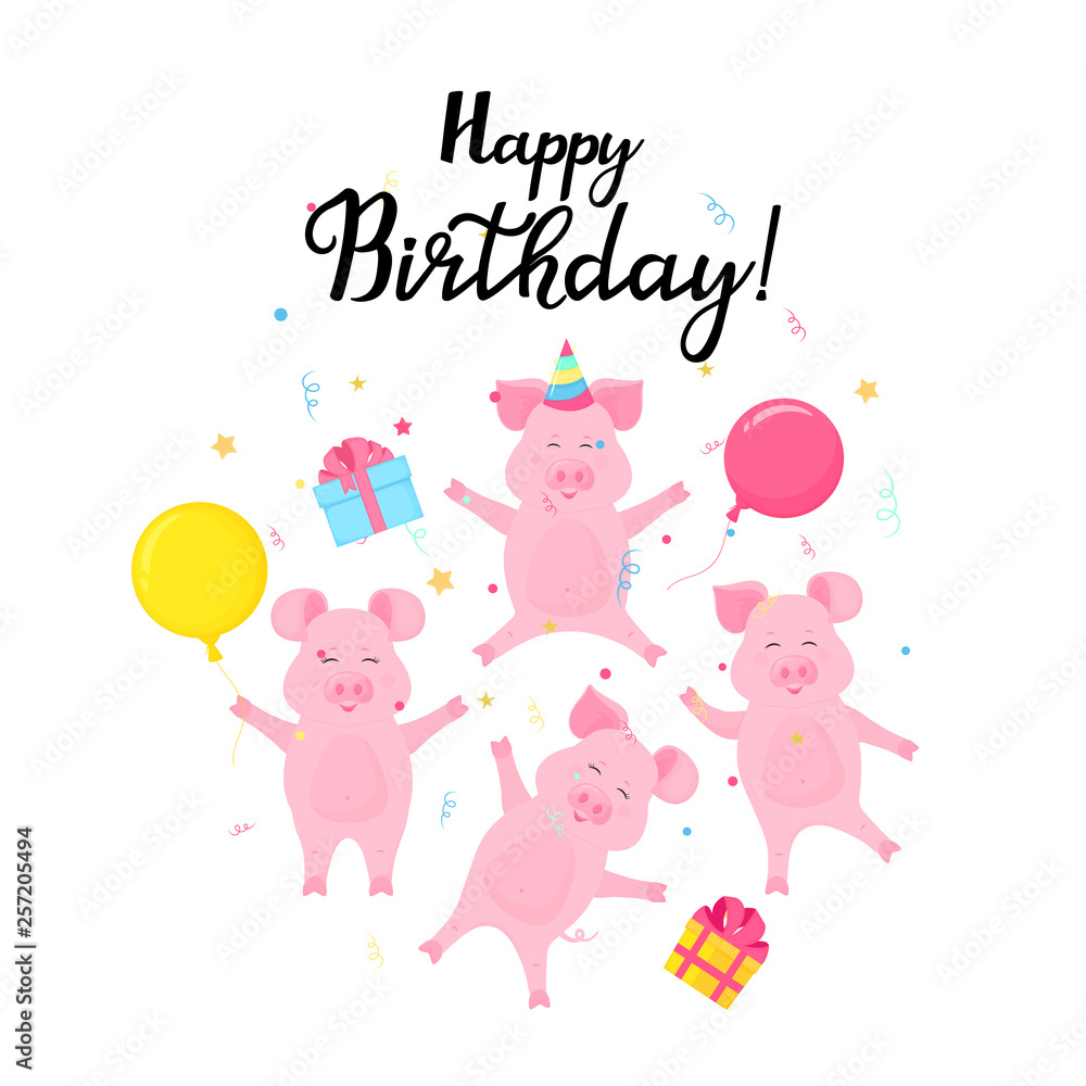Four funny piglets celebrate at the party. Pigs with gifts and balloons jump and have fun. Happy birthday card.