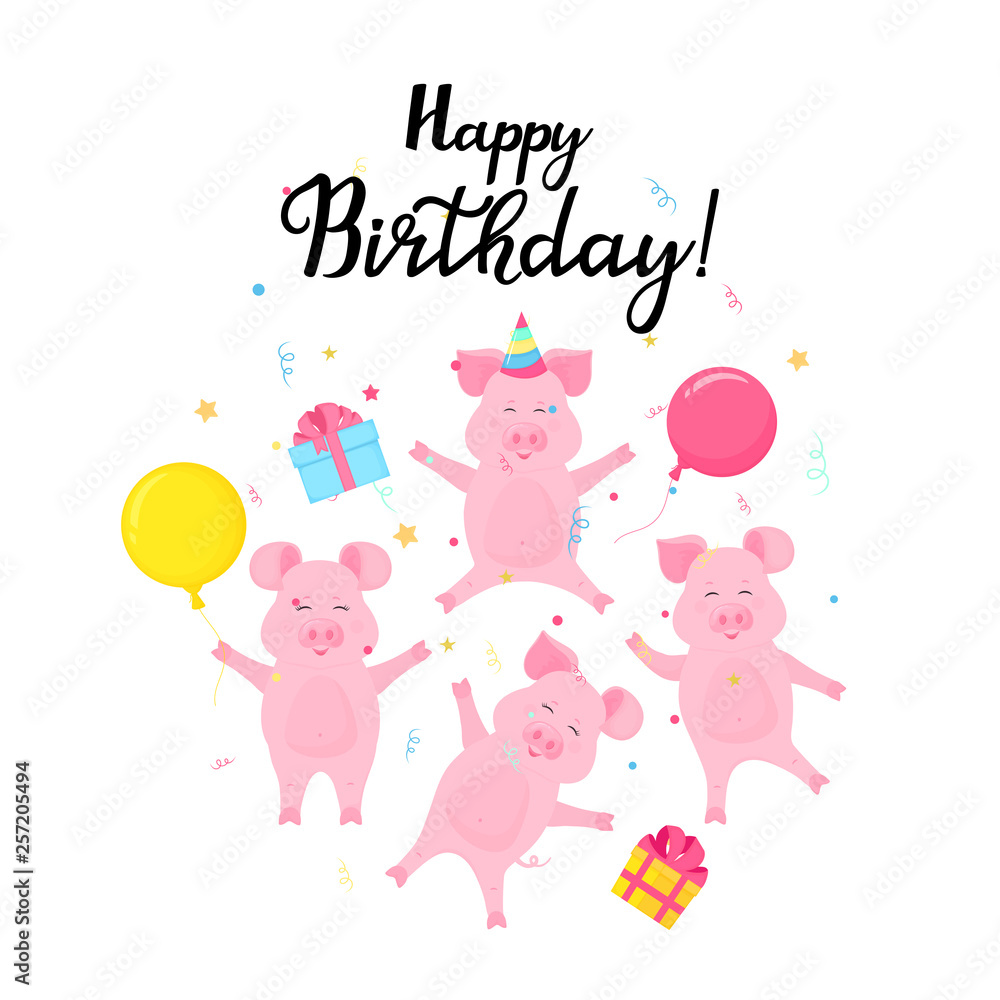 Four funny piglets celebrate at the party. Pigs with gifts and balloons jump and have fun. Happy birthday card. Four funny piglets celebrate at the party. Pigs with gifts and balloons jump and have fun. Happy birthday card.