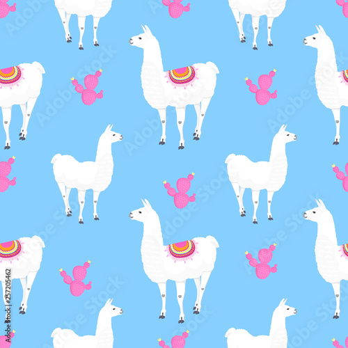 Alpaca and pink cacti. Cactus. Funny llama cartoon character. Seamless pattern for nursery  fabric  textile  kids apparel.