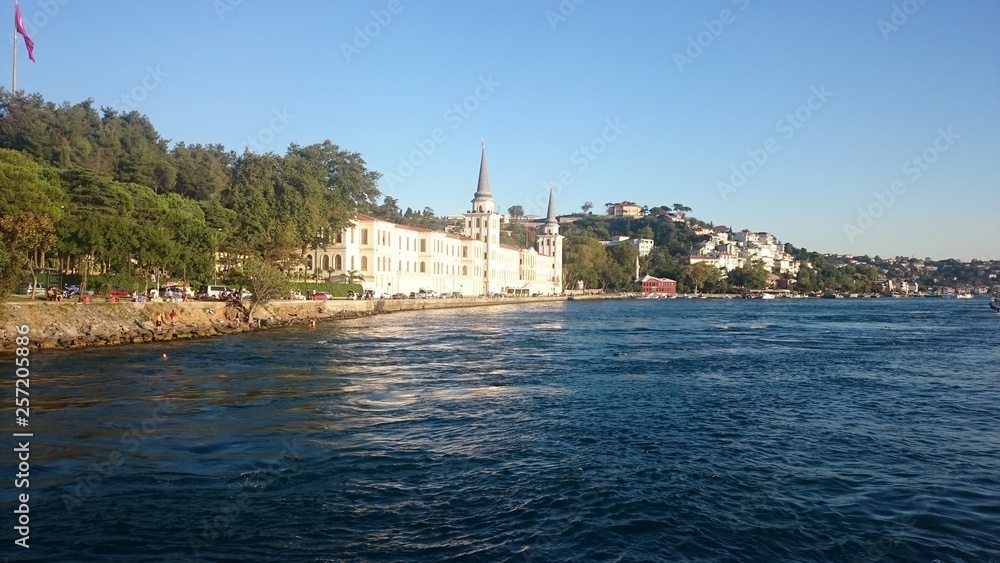 Panoramic view of Istanbul. Panorama cityscape of famous tourist destination Bosphorus strait channel. Travel landscape Bosporus, Turkey, Europe and Asia