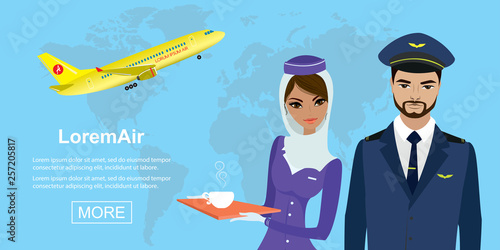 Plane takes off, Arabic male pilot and woman stewardess,air transport