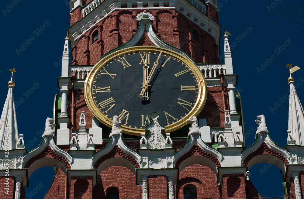 Kremlin chiming clock on the Spasskaya Tower. Moscow. Russia