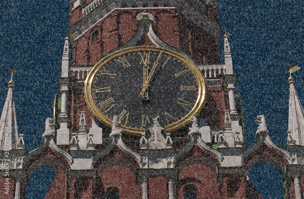 Obraz premium The Kremlin Clock (Kremlin Chimes). Spasskaya Tower. Moscow. Russia. Snowfall